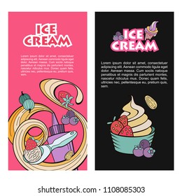 Hand drawn ice cream. Miscellaneous ice cream with topping, nuts, berries, chocolate and cookies. Vector Doodle illustration.