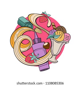 Hand drawn ice cream. Miscellaneous ice cream with topping, nuts, berries, chocolate and cookies. Vector Doodle illustration.