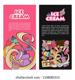 Hand drawn ice cream. Miscellaneous ice cream with topping, nuts, berries, chocolate and cookies. Vector Doodle illustration.