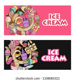 Hand drawn ice cream. Miscellaneous ice cream with topping, nuts, berries, chocolate and cookies. Vector Doodle illustration.