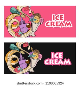 Hand drawn ice cream. Miscellaneous ice cream with topping, nuts, berries, chocolate and cookies. Vector Doodle illustration.