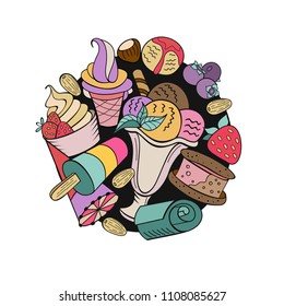 Hand drawn ice cream. Miscellaneous ice cream with topping, nuts, berries, chocolate and cookies. Vector Doodle illustration.