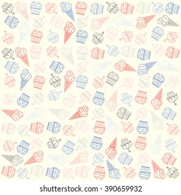 hand drawn ice cream and muffin seamless pattern. vector ice cream cone and cupcakes background. vintage style bakery desserts and cakes wallpaper. birthday party banner design 