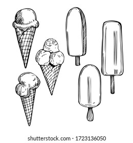 Hand drawn ice cream on white background. Vector sketch  illustration.
