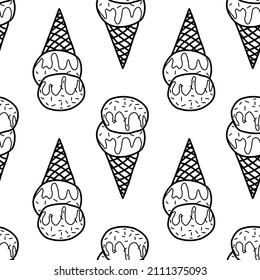 Hand drawn ice cream on a white background. Seamless pattern. Ice cream icon. Black and white. Vector for decoration.