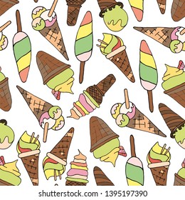 Hand drawn ice cream pattern. doodles. Isolated ice-cream on white background. Seamless texture. Ice cream, cake, donut, etc. Scandinavian style,cartoon cute ice creams and elements for fabric design.