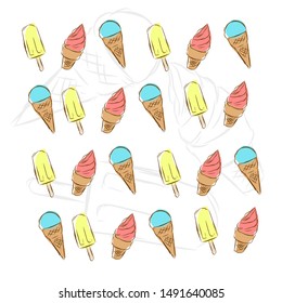Hand drawn of ice cream pattern with white background template