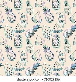 Hand drawn ice cream, pineapple,watermelon or summer food with grunge texture seamless pattern