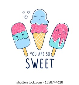 
Hand drawn ice cream with pink glitter vector illustration.