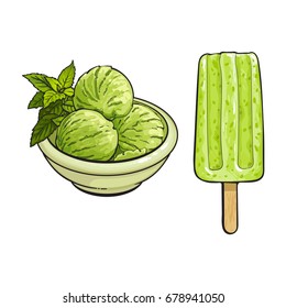 Hand drawn ice cream and popsicle with matcha green tea, sketch vector illustration isolated on white background. Hand drawn matcha tea ice cream - popsicle, scoops, sorbet