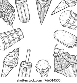 Hand drawn Ice cream popsicle shop vector hand drawn template packaging food, label, banner, poster, identity, branding. Stylish design with sketch illustration of ice cream.