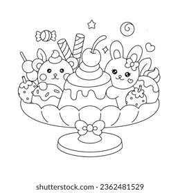 Hand drawn ice cream, pudding, fruits, sweet dessert coloring book Vector illustration