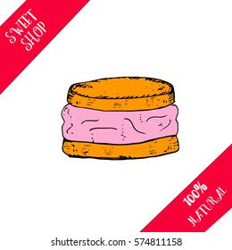Hand drawn ice cream sandvich. Vector stock illustration. Sweet shop collection. Colored sketch.