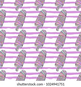 Hand drawn ice cream seamless pattern, summer illustrations, fruit ice cream and chocolate pattern, soft Italian fruit ice cream, exotic summer greeting card. Zentangle inspired vector illustration.