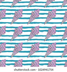 Hand drawn ice cream seamless pattern, summer illustrations, fruit ice cream and chocolate pattern, soft Italian fruit ice cream, exotic summer greeting card. Zentangle inspired vector illustration.