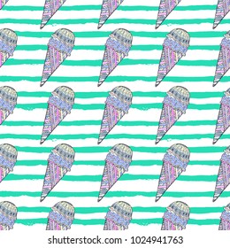 Hand drawn ice cream seamless pattern, summer illustrations, fruit ice cream and chocolate pattern, soft Italian fruit ice cream, exotic summer greeting card. Zentangle inspired vector illustration.