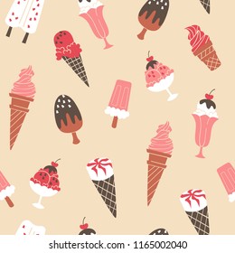 Hand Drawn Ice Cream Seamless Pattern. Vector Background Illustration.