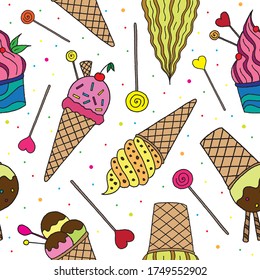 Hand drawn ice cream seamless pattern. Vector illustration.