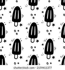 Hand drawn Ice cream seamless pattern. Fast food illustration in doodle style. Sketch of Ice cream. Ice cream illustration.