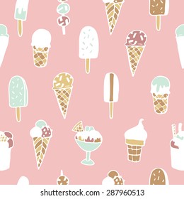 Hand drawn ice cream seamless pattern on the white background. Ideal element for your desert menu.
