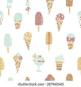 Hand drawn ice cream seamless pattern on the white background. Ideal element for your desert menu.