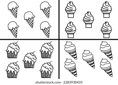 Dibujo manual de helado conjunto de ilustración lineal aislado en fondo blanco. Conjunto de patrones vectoriales sin fisuras con helado