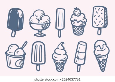 Hand drawn ice cream set in bold cartoonish sketch style, black outlines	