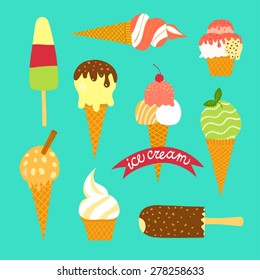 Hand drawn ice cream set. Cute cartoon ice cream poster.