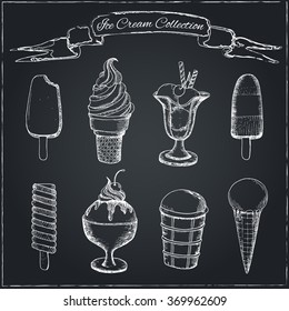 Hand Drawn Ice Cream Set on Chalkboard.  Can be used in restaurant menu, cooking books and labels.