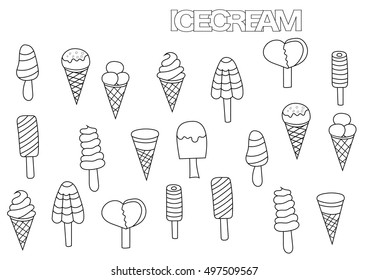 Hand drawn ice cream set. Coloring book page template.  Outline doodle vector illustration. 
