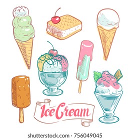 Hand drawn ice cream set isolated on white background. Vector illustration