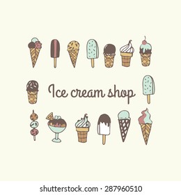 Hand drawn ice cream  and sign ice cream on the background. Element for your desert menu.