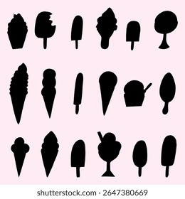Hand drawn Ice cream silhouette icons set isolated. Ice cream cones, popsicle, sundae and bars vector silhouettes collection, Black doodle set