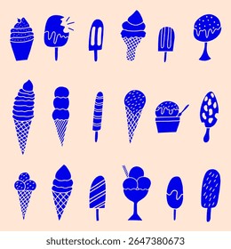 Hand drawn Ice cream silhouette icons set isolated. Ice cream cones, popsicle, sundae and bars vector silhouettes collection, Blue doodle set