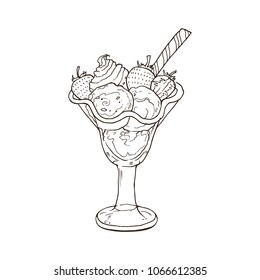 Hand drawn ice cream sketches isolated on white background. Icecream sundae in line art style. Vector illustration.