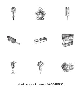 Hand Drawn Ice cream Sketches Set. Collection Of Cake, Ice Cream, Truffle And Other Sketch Elements.