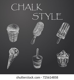 Hand Drawn Ice Cream Sketches Set. Collection Of Ice Cream Sketch Elements isolated on chalkboard