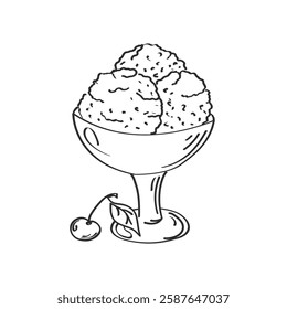 Hand drawn ice cream sundae with cherries for menus, invitations, greeting cards.Vintage drawn sketch vector illustration. Vector illustration