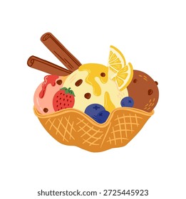  Hand drawn ice cream sundae with chocolate, vanilla, fruit scoops and fresh berries in waffle bowl vector illustration. 