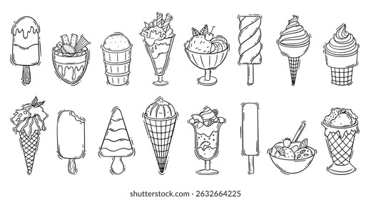 Hand drawn ice cream. Sweet creamy balls in waffles cones and glass. Cold desserts with nuts, chocolate and fruits. Cafeteria menu elements, neoteric vector set