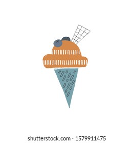 Hand drawn ice cream with topping and a blueberry in a waffle cone. Vector illustration, isolated object. For an ice cream party or greeting card. For business identity and branding.