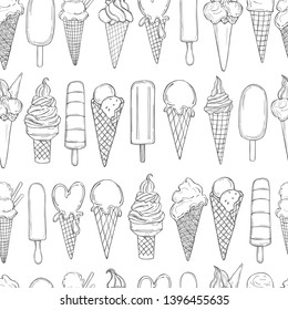 Hand drawn  ice cream. Vector  seamless pattern
