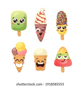 Dibujo artístico del vector de helados dibujado a mano. Ilustración de verano Emoticon de comida rápida dulce. Funny Emoji