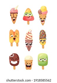 Dibujo artístico del vector de helados dibujado a mano. Ilustración de verano Emoticon de comida rápida dulce. Funny Emoji