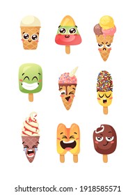 Dibujo artístico del vector de helados dibujado a mano. Ilustración de verano Emoticon de comida rápida dulce. Funny Emoji