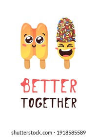 Hand Drawn Ice Cream Vector Artistic Drawing and Quote. Summer Illustration Sweet Fast Food Emoticon. Funny Emoji and Text