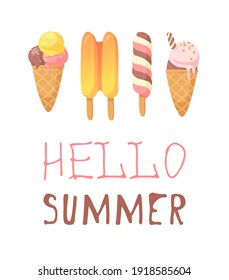 Hand Drawn Ice Cream Vector Artistic Drawing and Quote. Summer Illustration Sweet Fast Food Emoticon. Funny Emoji and Text