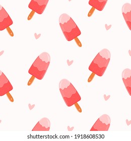 Patrón transparente del vector de helado dibujado a mano. Fondo de postre de verano con paletas y corazones