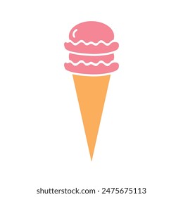Hand drawn ice cream vector icon, solid silhouette on white background. Two ice balls of pink color in waffle cone. Flat fast food illustration for menu, web, logo, banner, pattern, card.