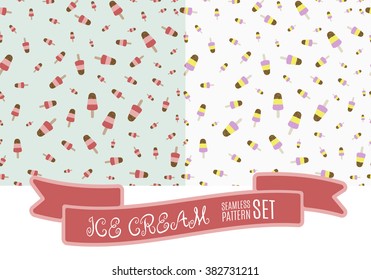 Hand drawn ice cream vintage pattern set. Cute cartoon retro ice cream background for your design.